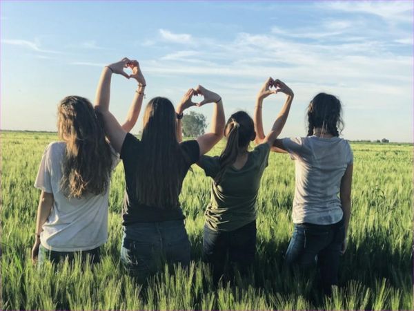 Cuatro integrantes del equipo de la asociación, de espaldas en un campo de trigo, dibujando corazones con las manos contra el cielo