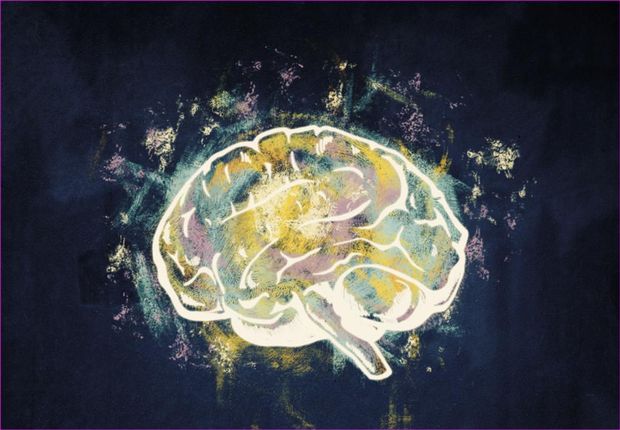 Ilustración de un cerebro humano trazado con pinceladas de colores sobre un fondo azul oscuro